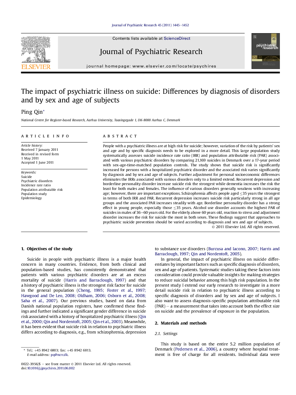 The impact of psychiatric illness on suicide: Differences by diagnosis of disorders and by sex and age of subjects