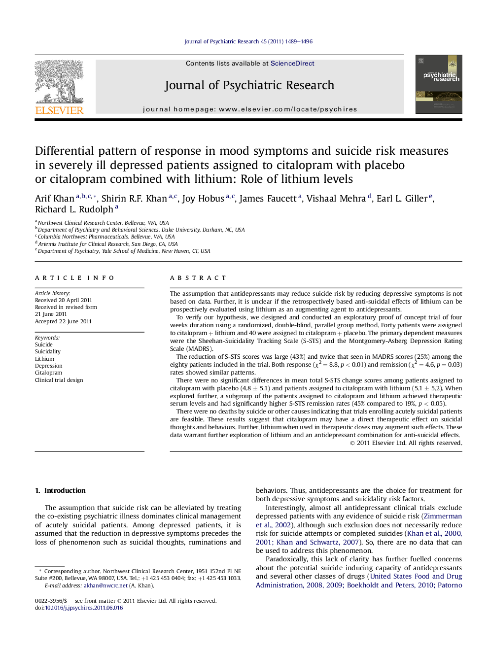 Differential pattern of response in mood symptoms and suicide risk measures in severely ill depressed patients assigned to citalopram with placebo or citalopram combined with lithium: Role of lithium levels