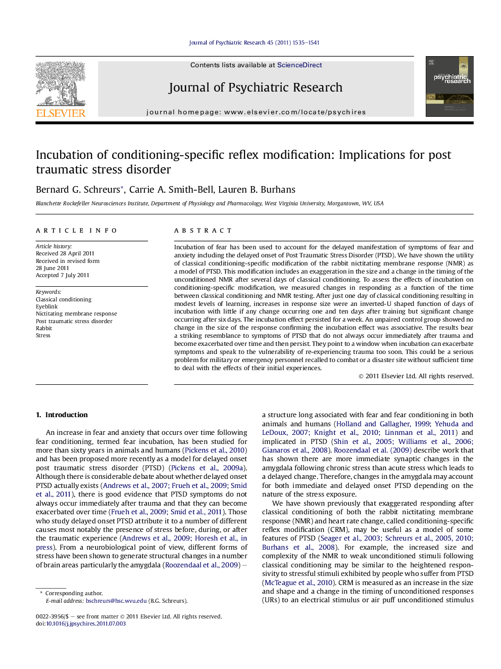 Incubation of conditioning-specific reflex modification: Implications for post traumatic stress disorder