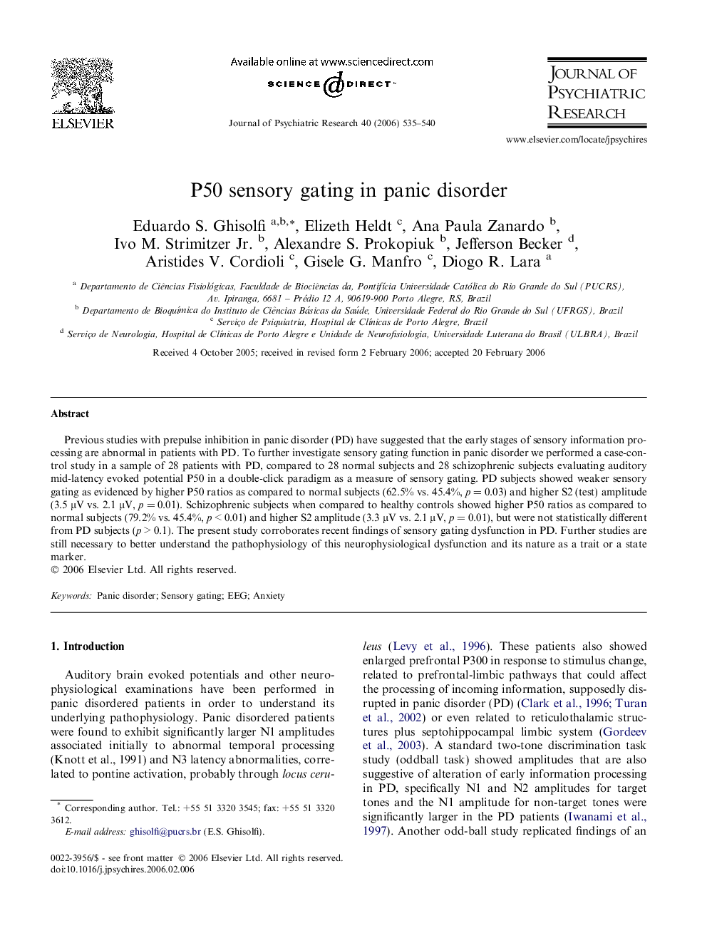 P50 sensory gating in panic disorder