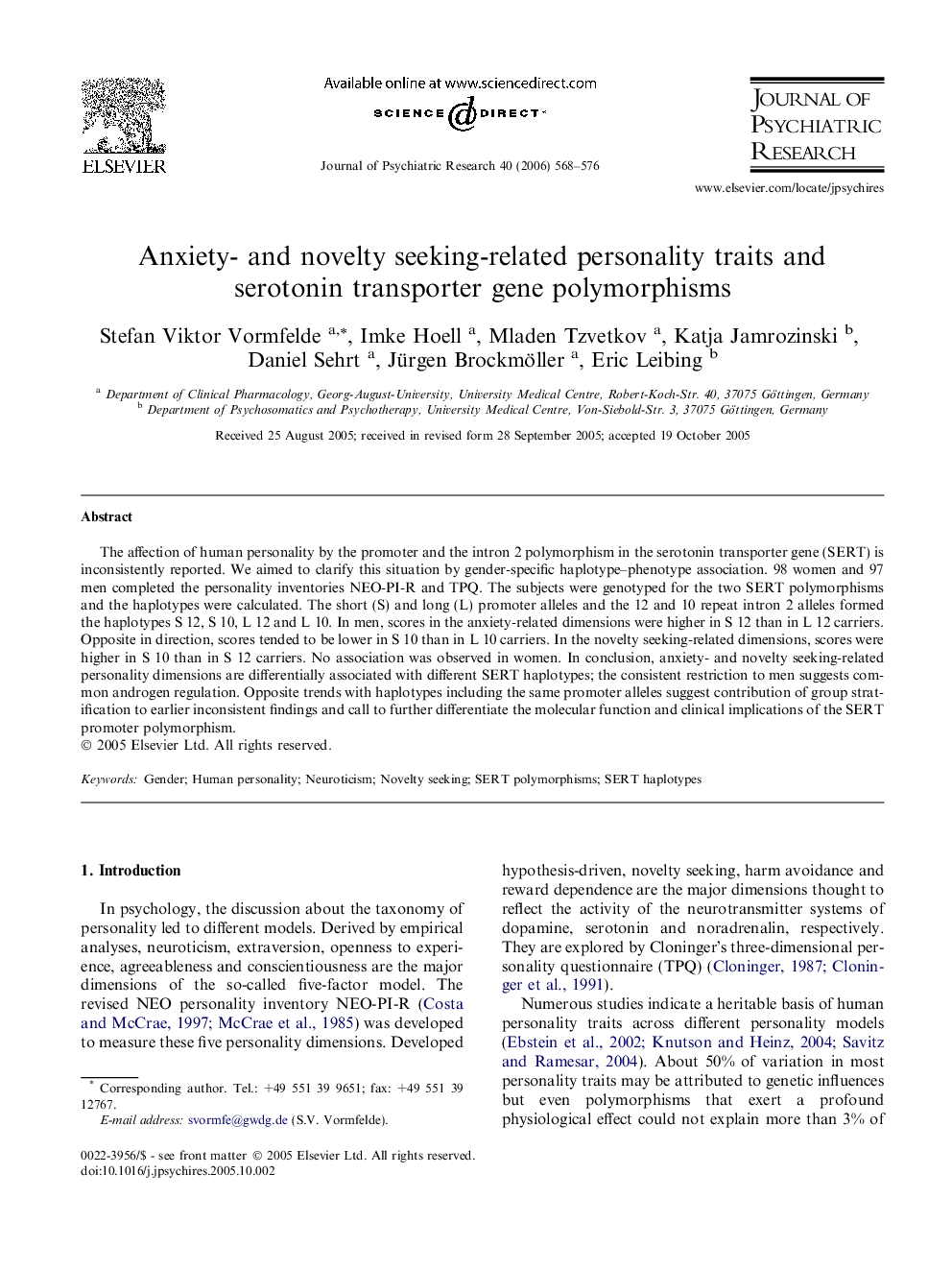 Anxiety- and novelty seeking-related personality traits and serotonin transporter gene polymorphisms