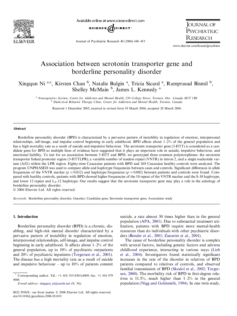 Association between serotonin transporter gene and borderline personality disorder