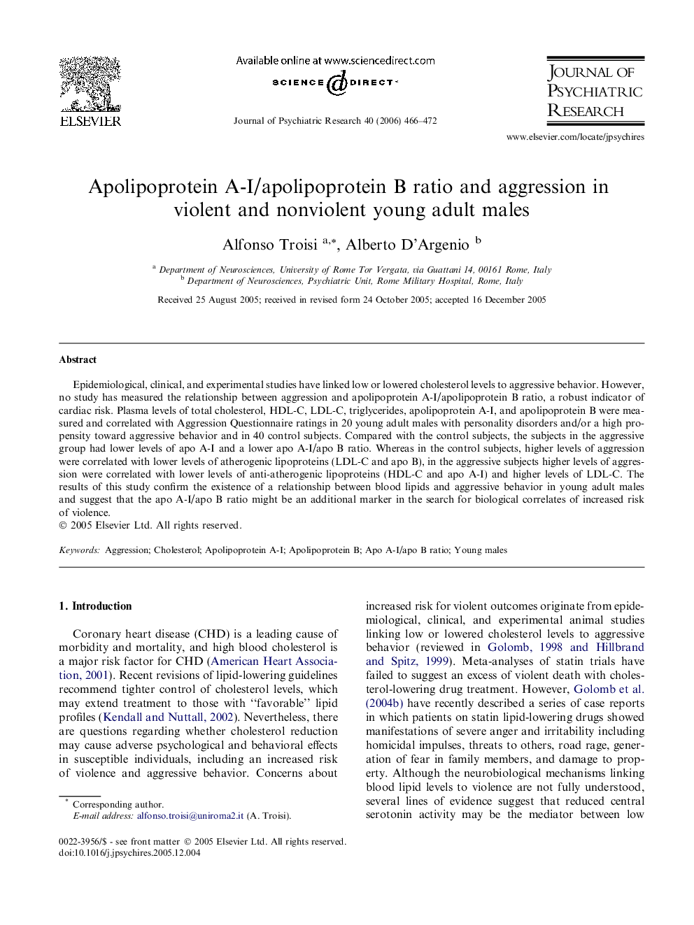 Apolipoprotein A-I/apolipoprotein B ratio and aggression in violent and nonviolent young adult males