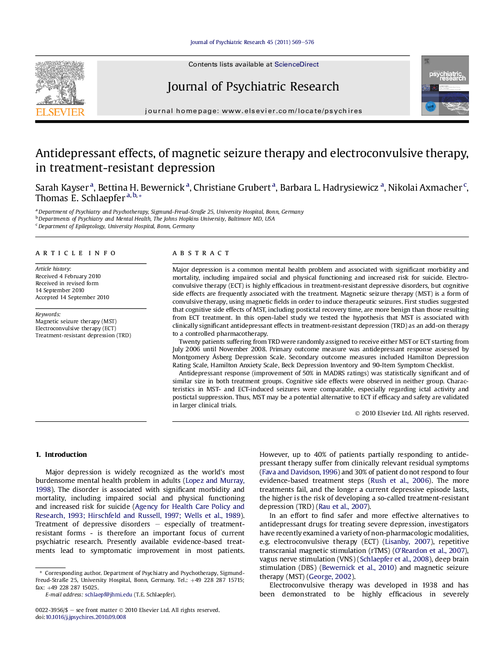 Antidepressant effects, of magnetic seizure therapy and electroconvulsive therapy, in treatment-resistant depression