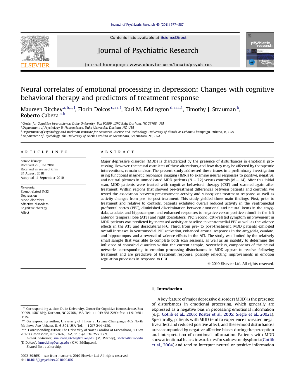 Neural correlates of emotional processing in depression: Changes with cognitive behavioral therapy and predictors of treatment response