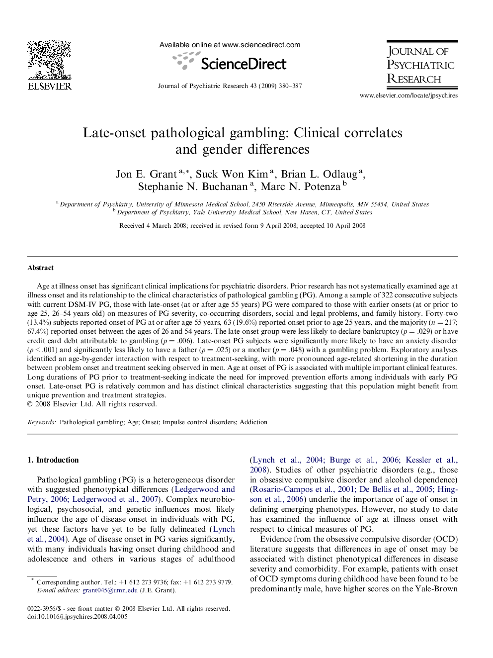 Late-onset pathological gambling: Clinical correlates and gender differences