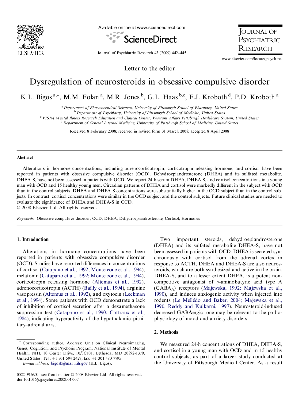 Dysregulation of neurosteroids in obsessive compulsive disorder