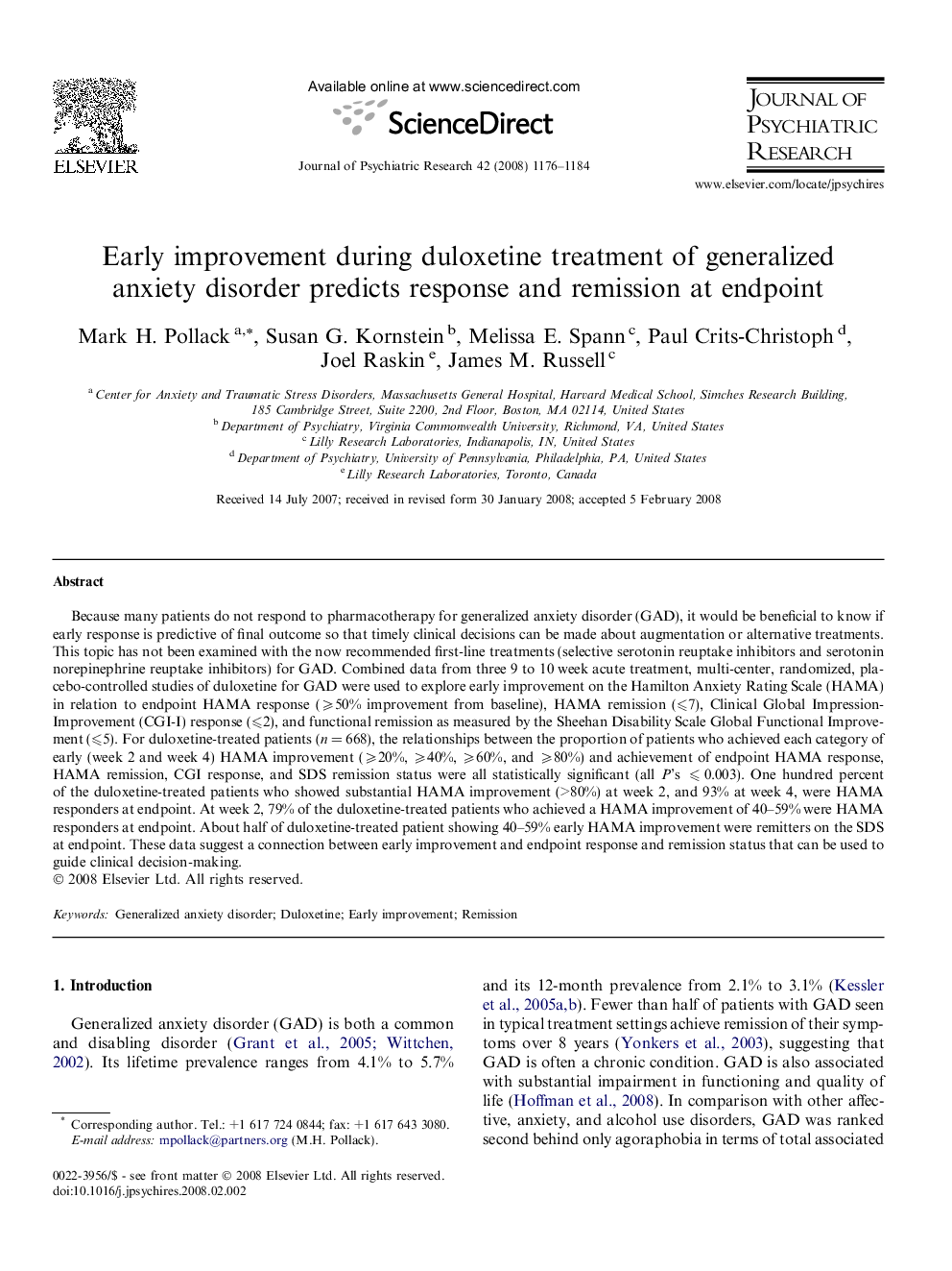 Early improvement during duloxetine treatment of generalized anxiety disorder predicts response and remission at endpoint