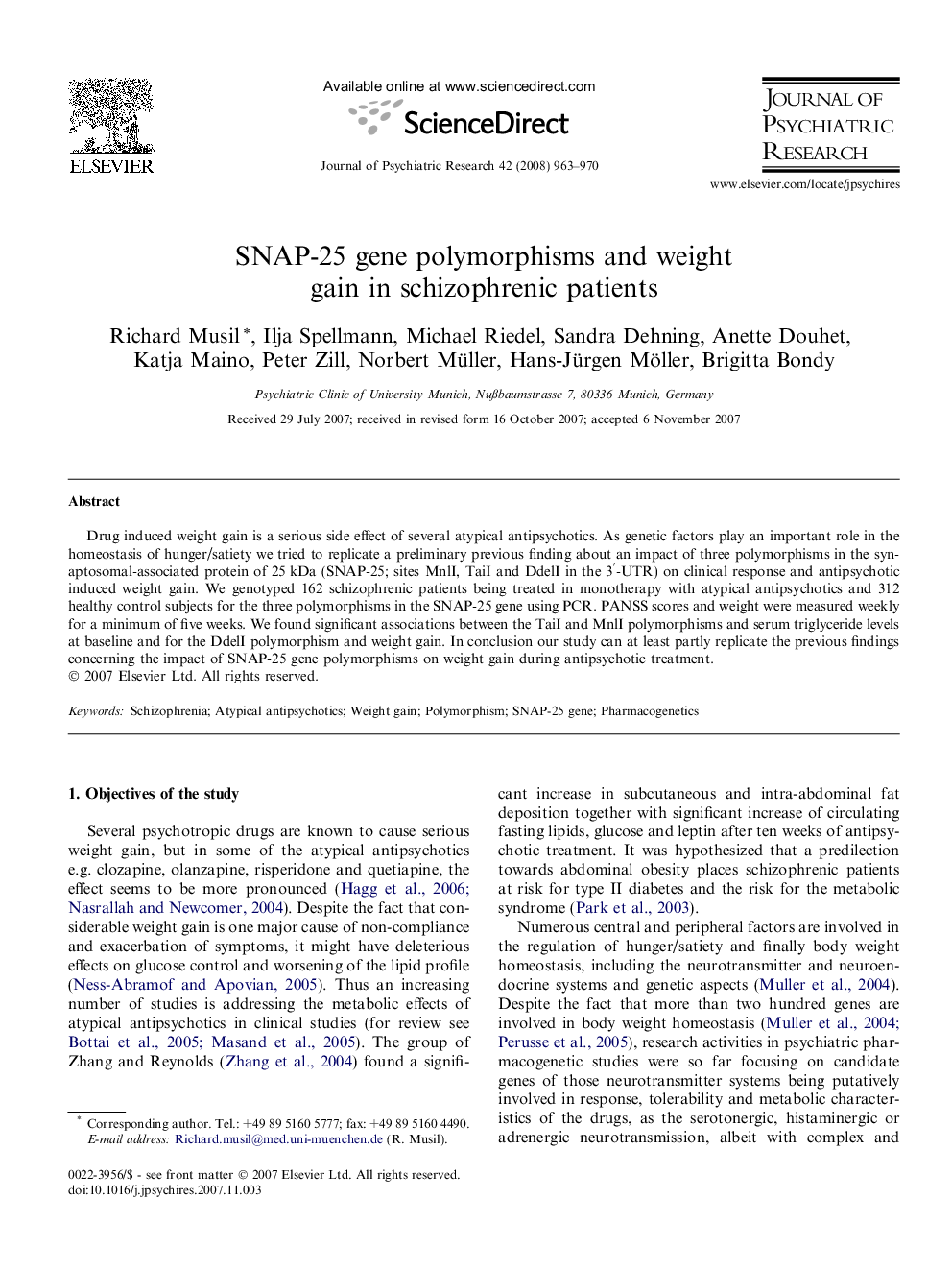 SNAP-25 gene polymorphisms and weight gain in schizophrenic patients