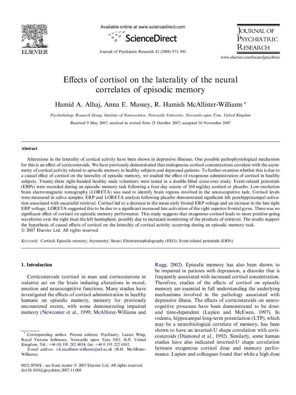 Effects of cortisol on the laterality of the neural correlates of episodic memory