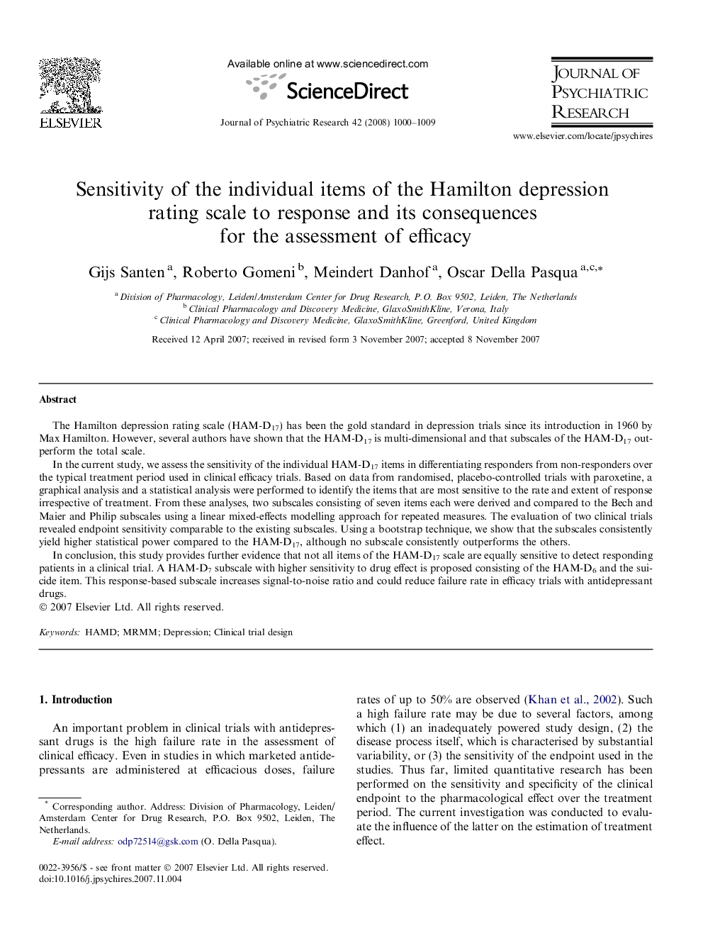 Sensitivity of the individual items of the Hamilton depression rating scale to response and its consequences for the assessment of efficacy