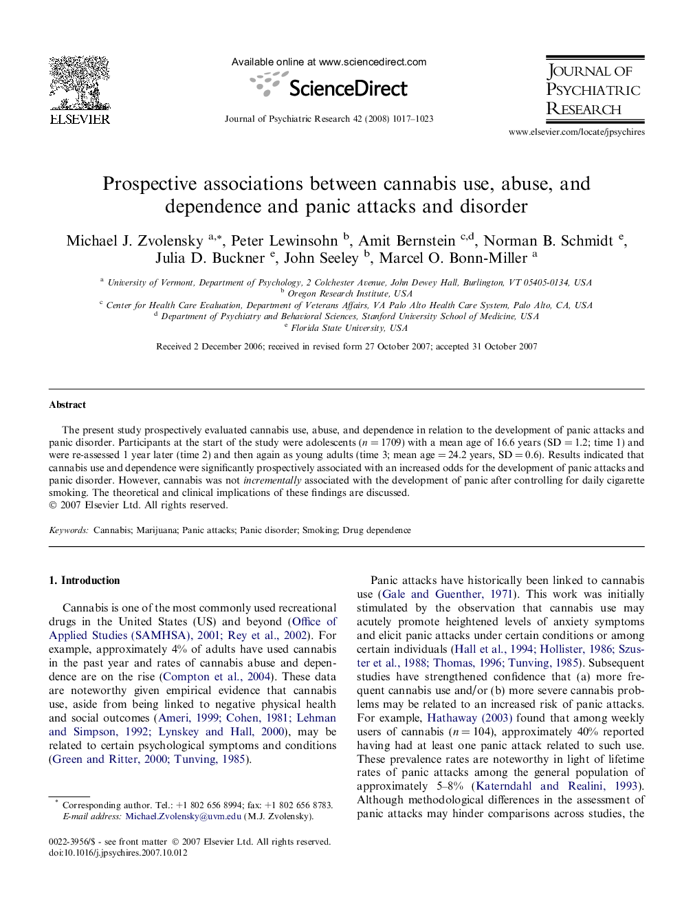 Prospective associations between cannabis use, abuse, and dependence and panic attacks and disorder