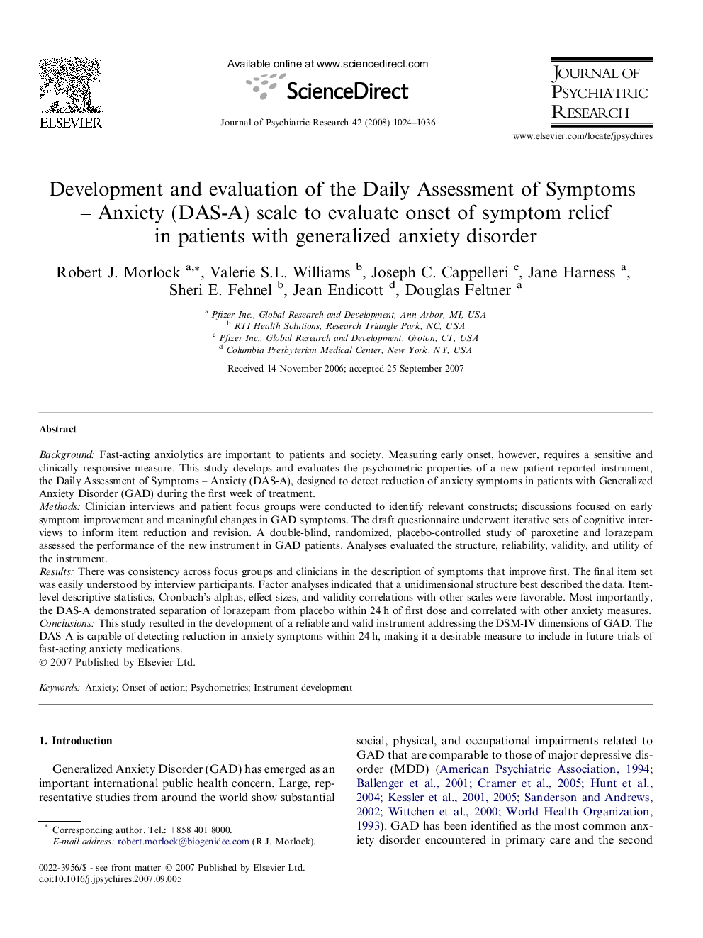 Development and evaluation of the Daily Assessment of Symptoms – Anxiety (DAS-A) scale to evaluate onset of symptom relief in patients with generalized anxiety disorder