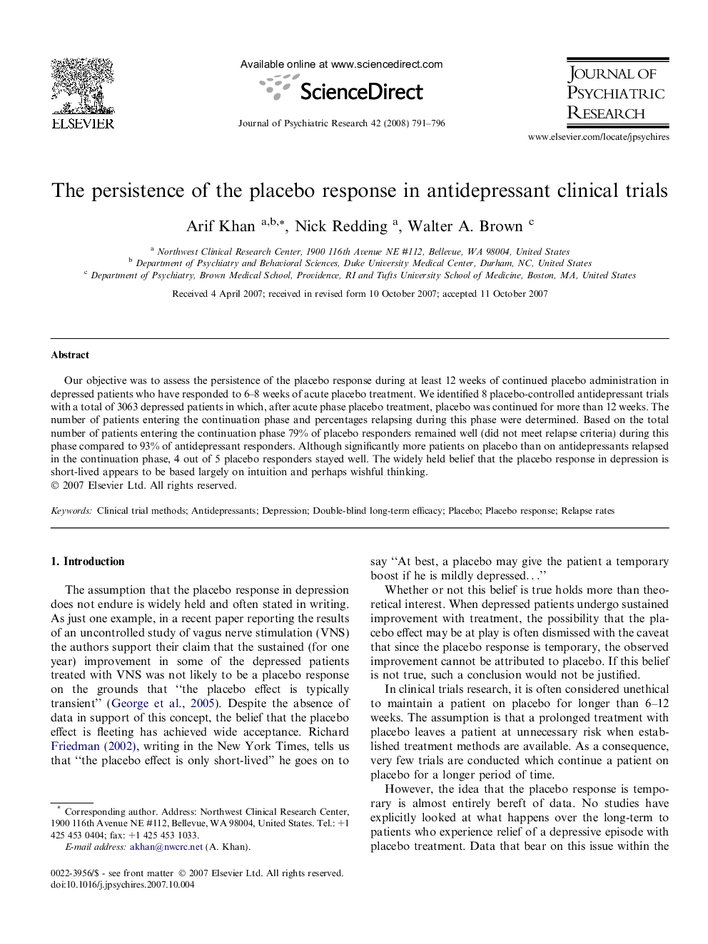 The persistence of the placebo response in antidepressant clinical trials