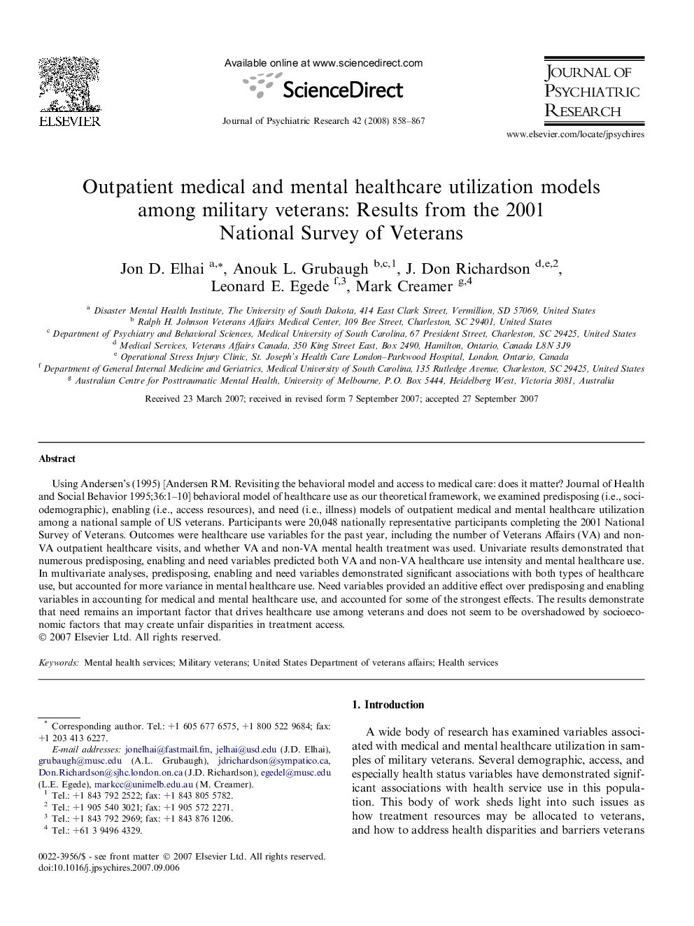 Outpatient medical and mental healthcare utilization models among military veterans: Results from the 2001 National Survey of Veterans