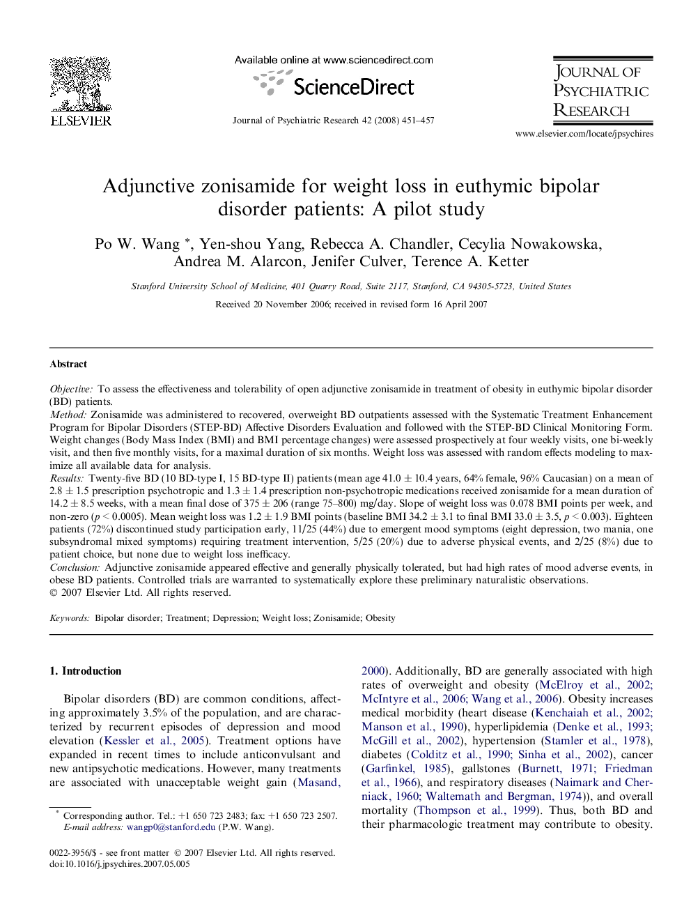 Adjunctive zonisamide for weight loss in euthymic bipolar disorder patients: A pilot study