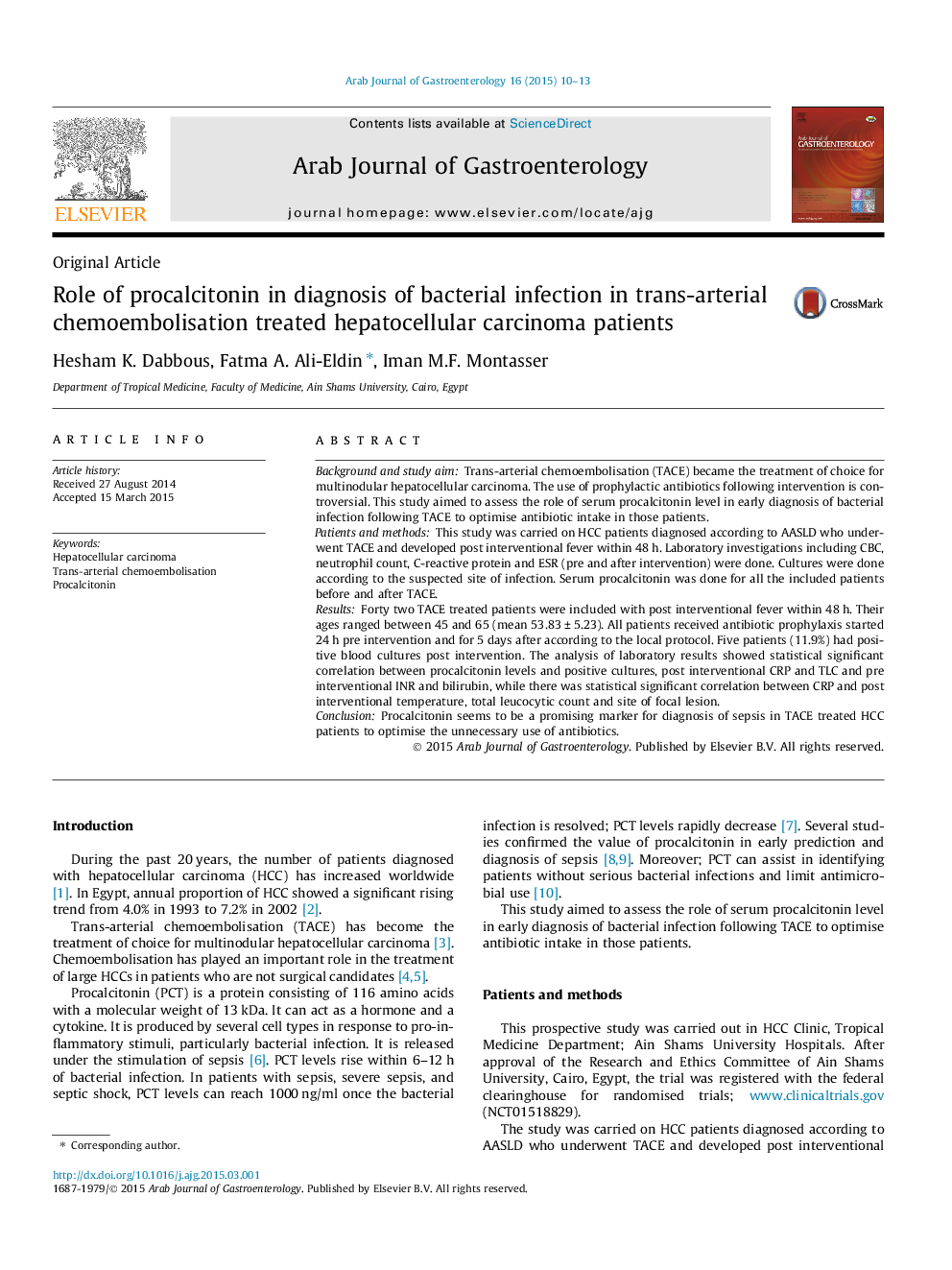 Role of procalcitonin in diagnosis of bacterial infection in trans-arterial chemoembolisation treated hepatocellular carcinoma patients