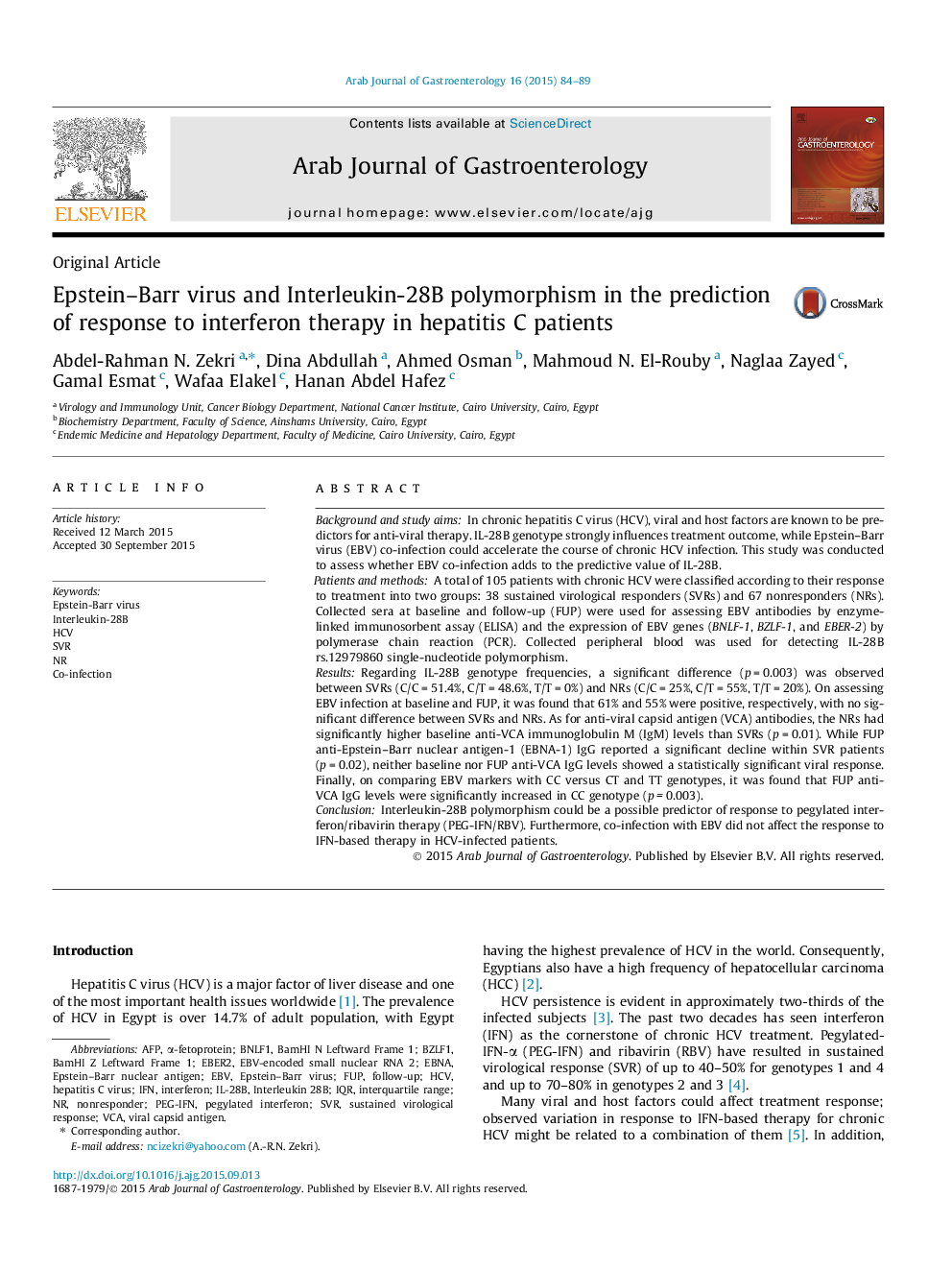 Epstein-Barr virus and Interleukin-28B polymorphism in the prediction of response to interferon therapy in hepatitis C patients