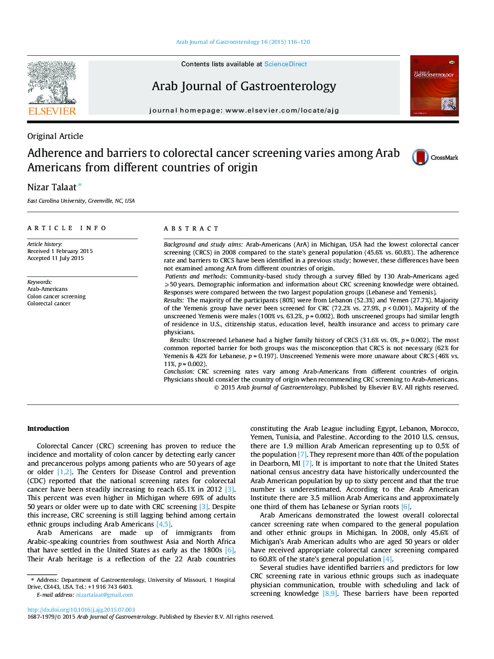 Adherence and barriers to colorectal cancer screening varies among Arab Americans from different countries of origin