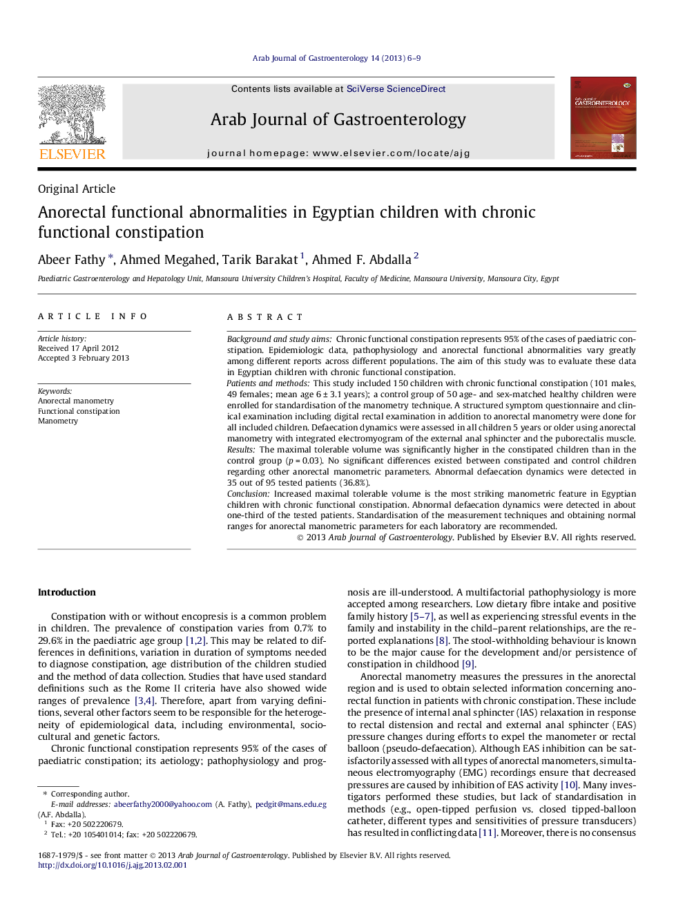 Anorectal functional abnormalities in Egyptian children with chronic functional constipation