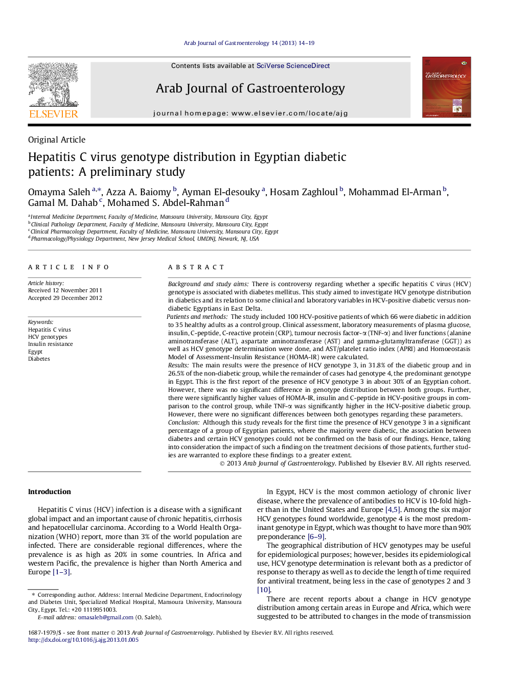 Hepatitis C virus genotype distribution in Egyptian diabetic patients: A preliminary study