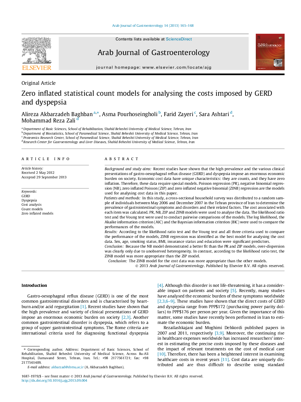 Zero inflated statistical count models for analysing the costs imposed by GERD and dyspepsia