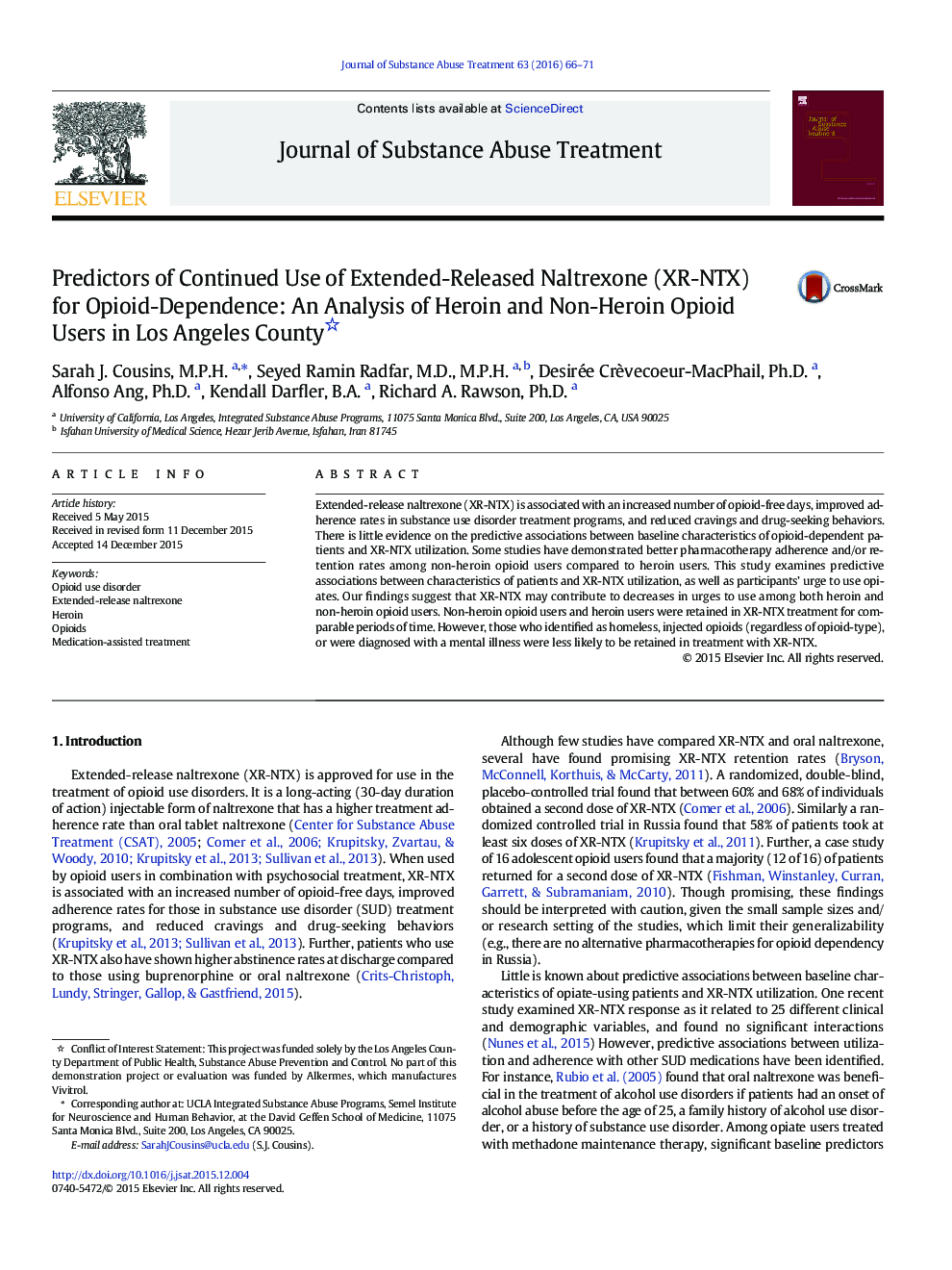 Predictors of Continued Use of Extended-Released Naltrexone (XR-NTX) for Opioid-Dependence: An Analysis of Heroin and Non-Heroin Opioid Users in Los Angeles County 