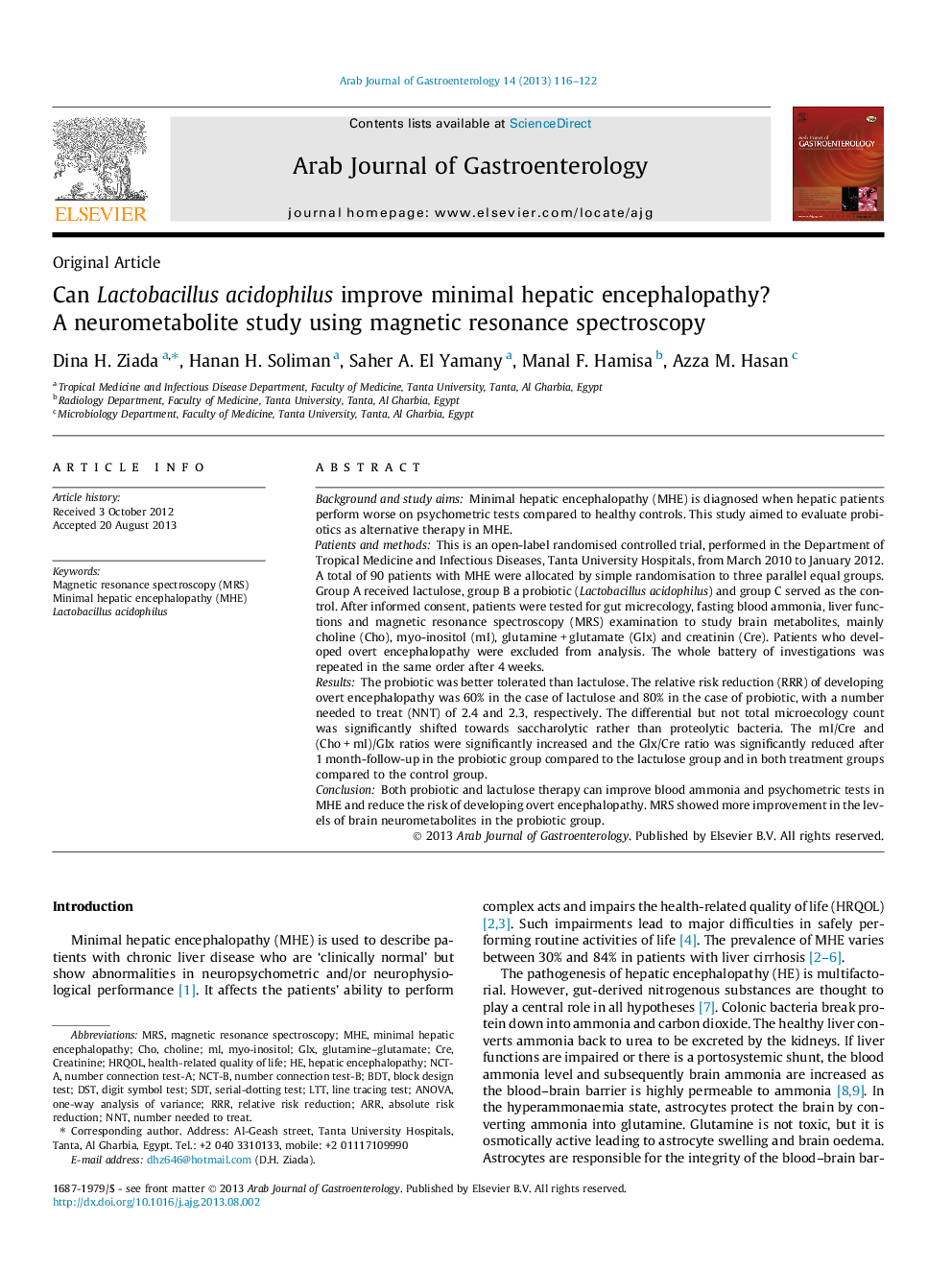 Can Lactobacillus acidophilus improve minimal hepatic encephalopathy? A neurometabolite study using magnetic resonance spectroscopy