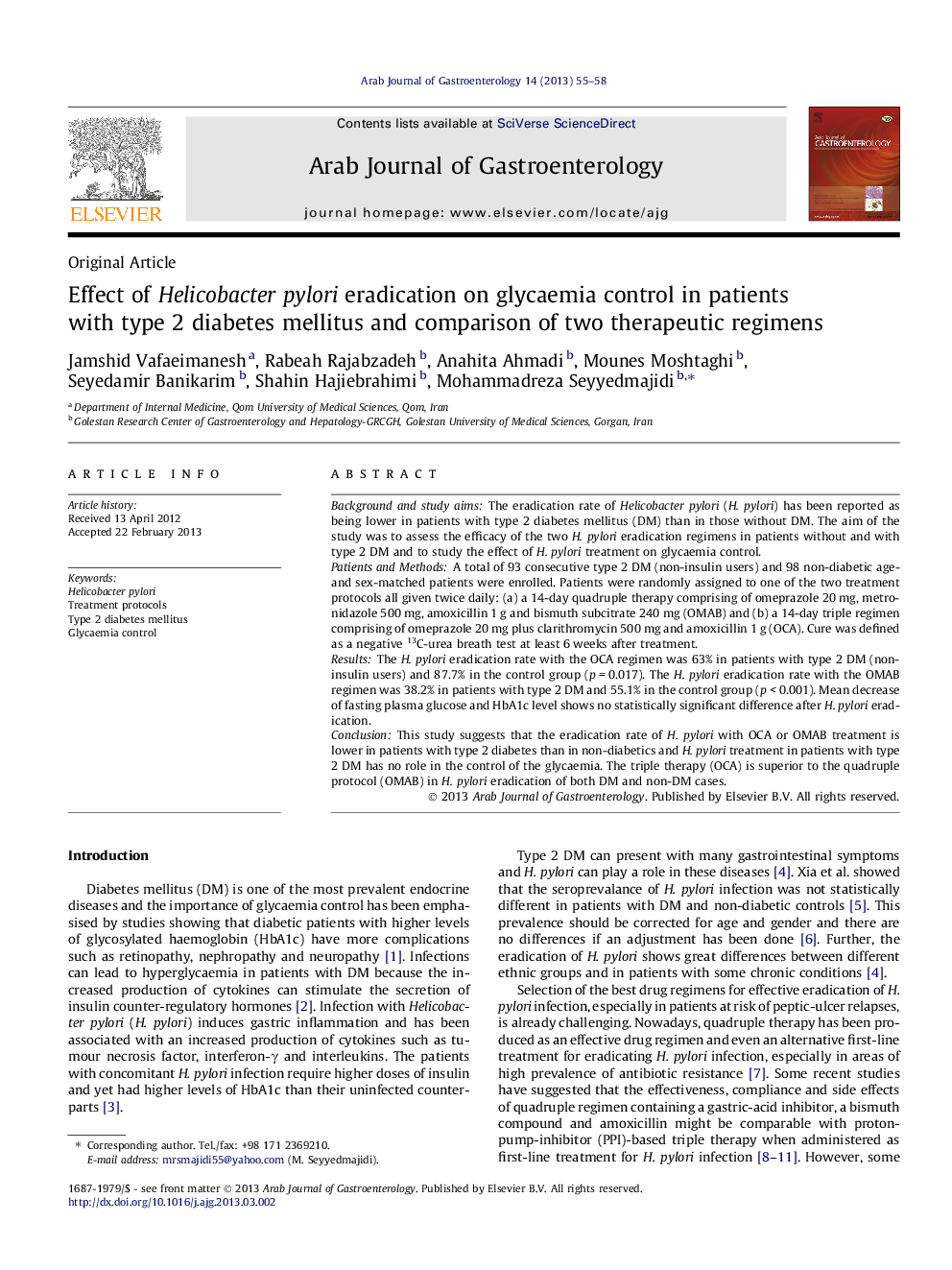 Effect of Helicobacter pylori eradication on glycaemia control in patients with type 2 diabetes mellitus and comparison of two therapeutic regimens