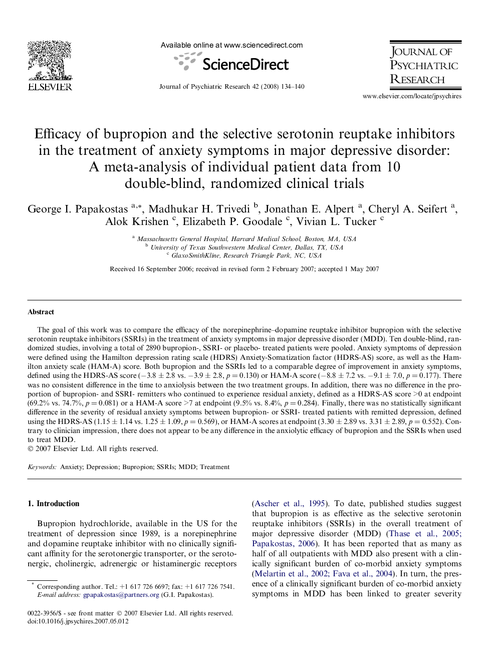 Efficacy of bupropion and the selective serotonin reuptake inhibitors in the treatment of anxiety symptoms in major depressive disorder: A meta-analysis of individual patient data from 10 double-blind, randomized clinical trials