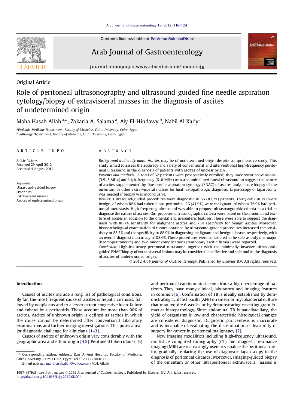 Role of peritoneal ultrasonography and ultrasound-guided fine needle aspiration cytology/biopsy of extravisceral masses in the diagnosis of ascites of undetermined origin