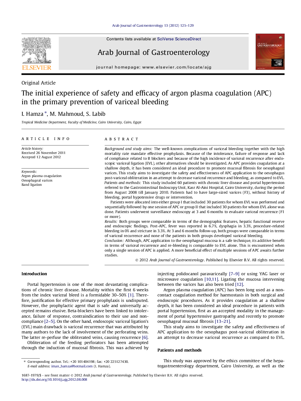 The initial experience of safety and efficacy of argon plasma coagulation (APC) in the primary prevention of variceal bleeding