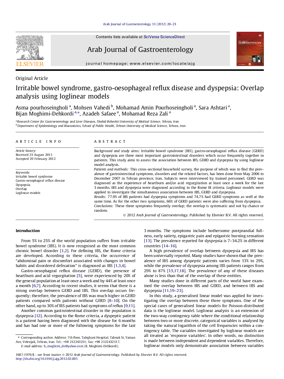 Irritable bowel syndrome, gastro-oesophageal reflux disease and dyspepsia: Overlap analysis using loglinear models