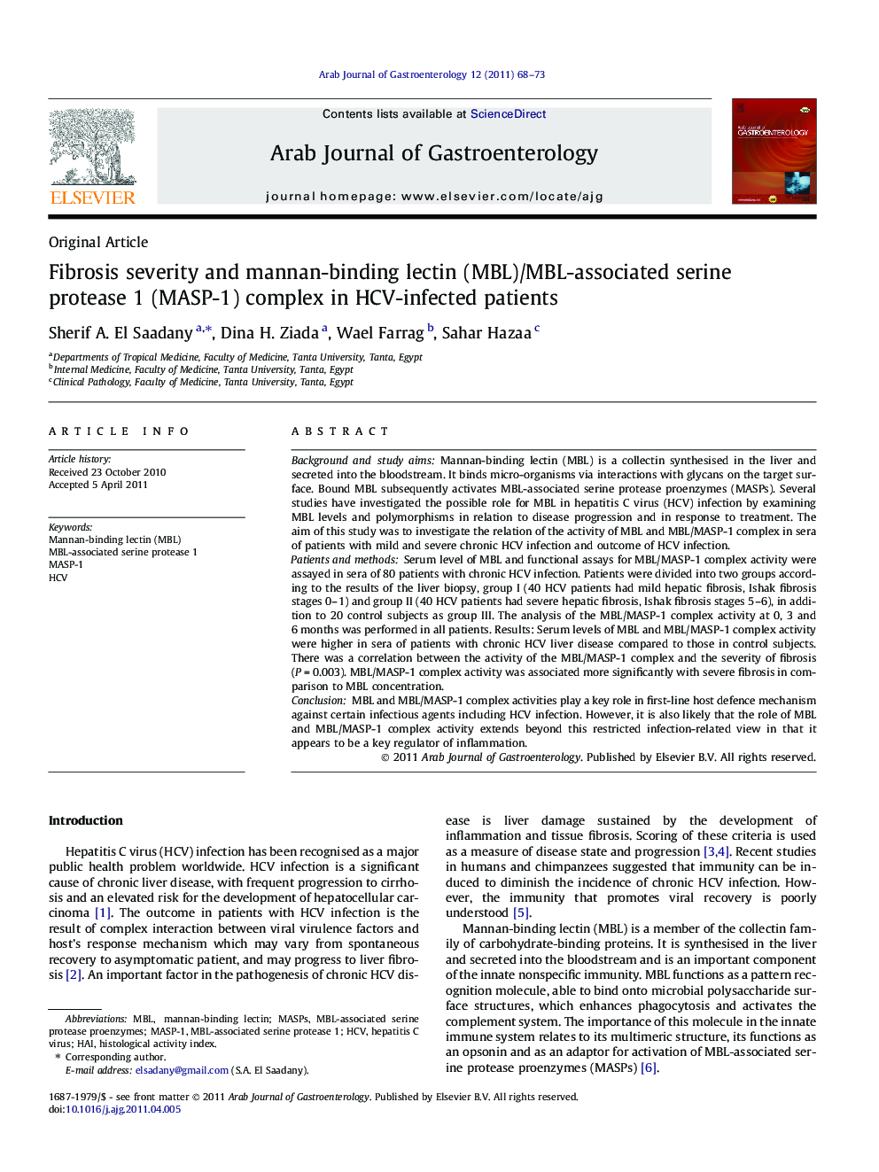 Fibrosis severity and mannan-binding lectin (MBL)/MBL-associated serine protease 1 (MASP-1) complex in HCV-infected patients