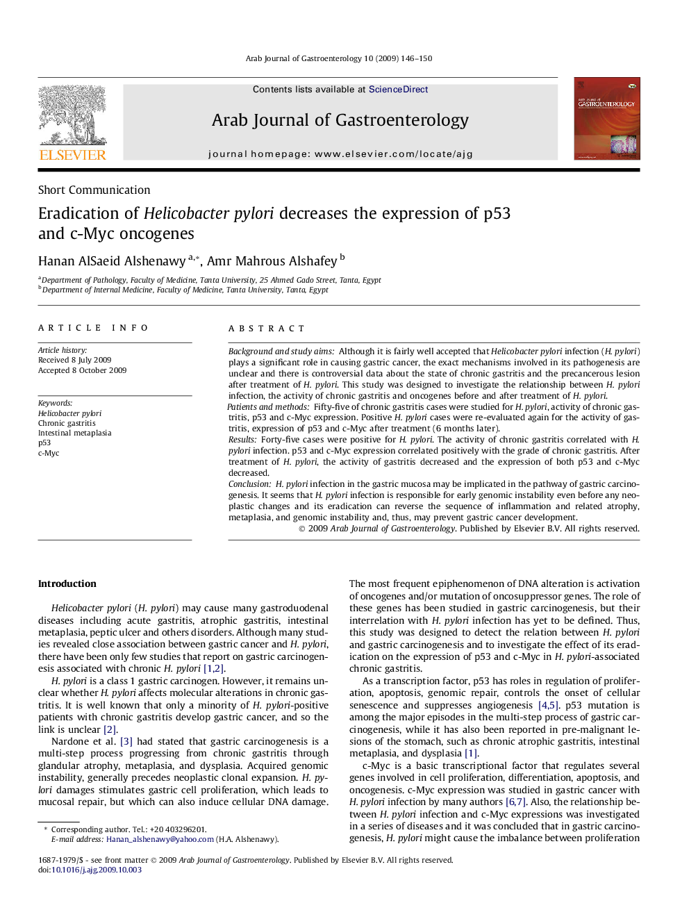 Eradication of Helicobacter pylori decreases the expression of p53 and c-Myc oncogenes