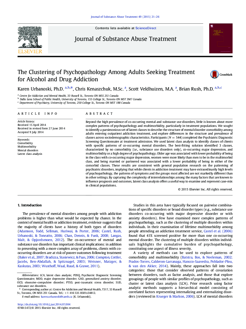 The Clustering of Psychopathology Among Adults Seeking Treatment for Alcohol and Drug Addiction