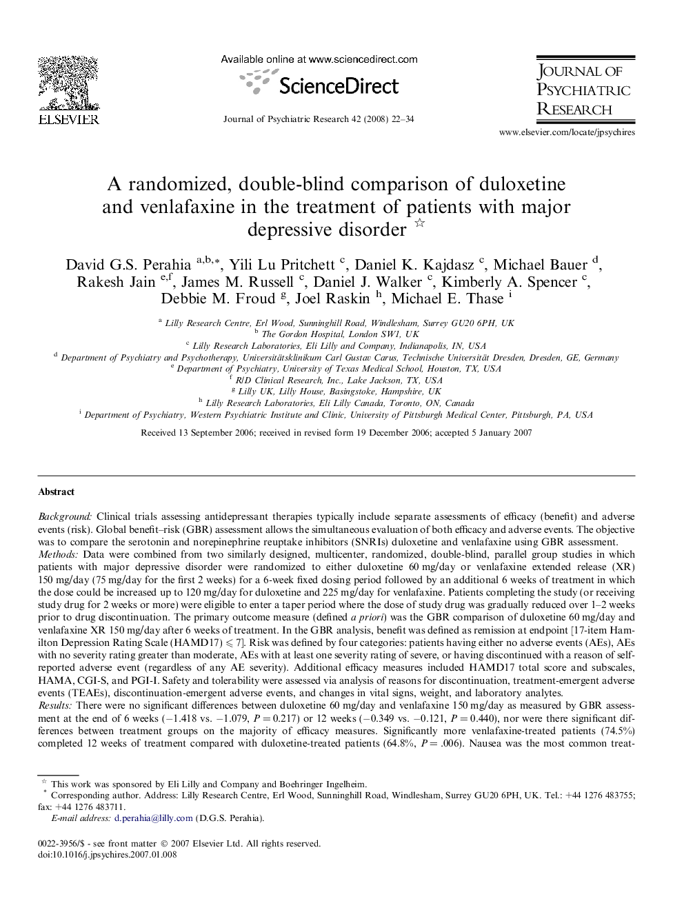 A randomized, double-blind comparison of duloxetine and venlafaxine in the treatment of patients with major depressive disorder 