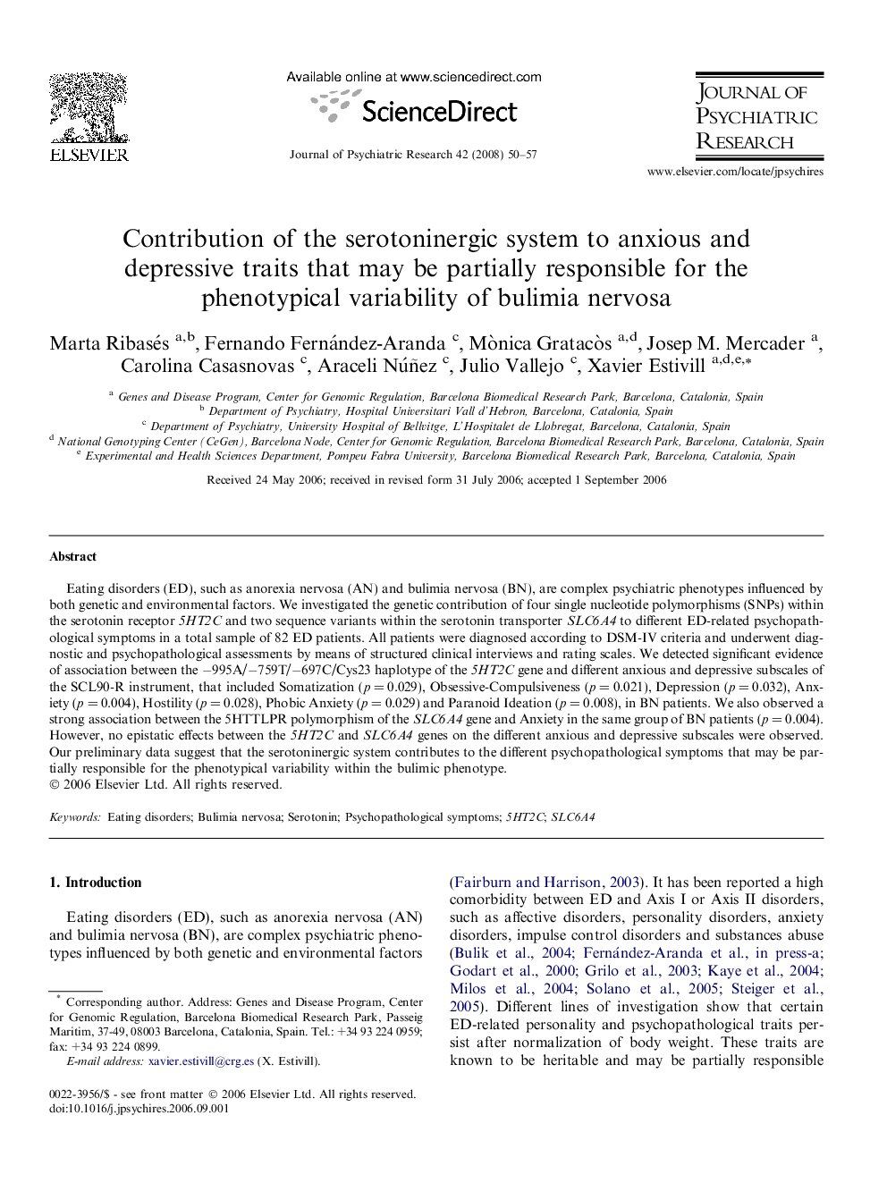 Contribution of the serotoninergic system to anxious and depressive traits that may be partially responsible for the phenotypical variability of bulimia nervosa