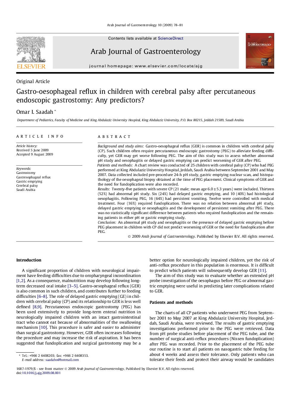 Gastro-oesophageal reflux in children with cerebral palsy after percutaneous endoscopic gastrostomy: Any predictors?