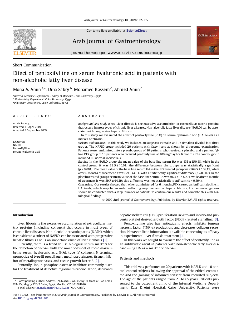 Effect of pentoxifylline on serum hyaluronic acid in patients with non-alcoholic fatty liver disease