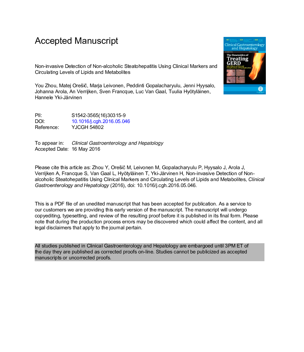 Noninvasive Detection of Nonalcoholic Steatohepatitis UsingÂ Clinical Markers and Circulating Levels of Lipids andÂ Metabolites