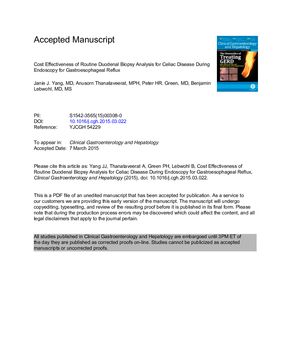 Cost Effectiveness of Routine Duodenal Biopsy Analysis for Celiac Disease During Endoscopy for Gastroesophageal Reflux