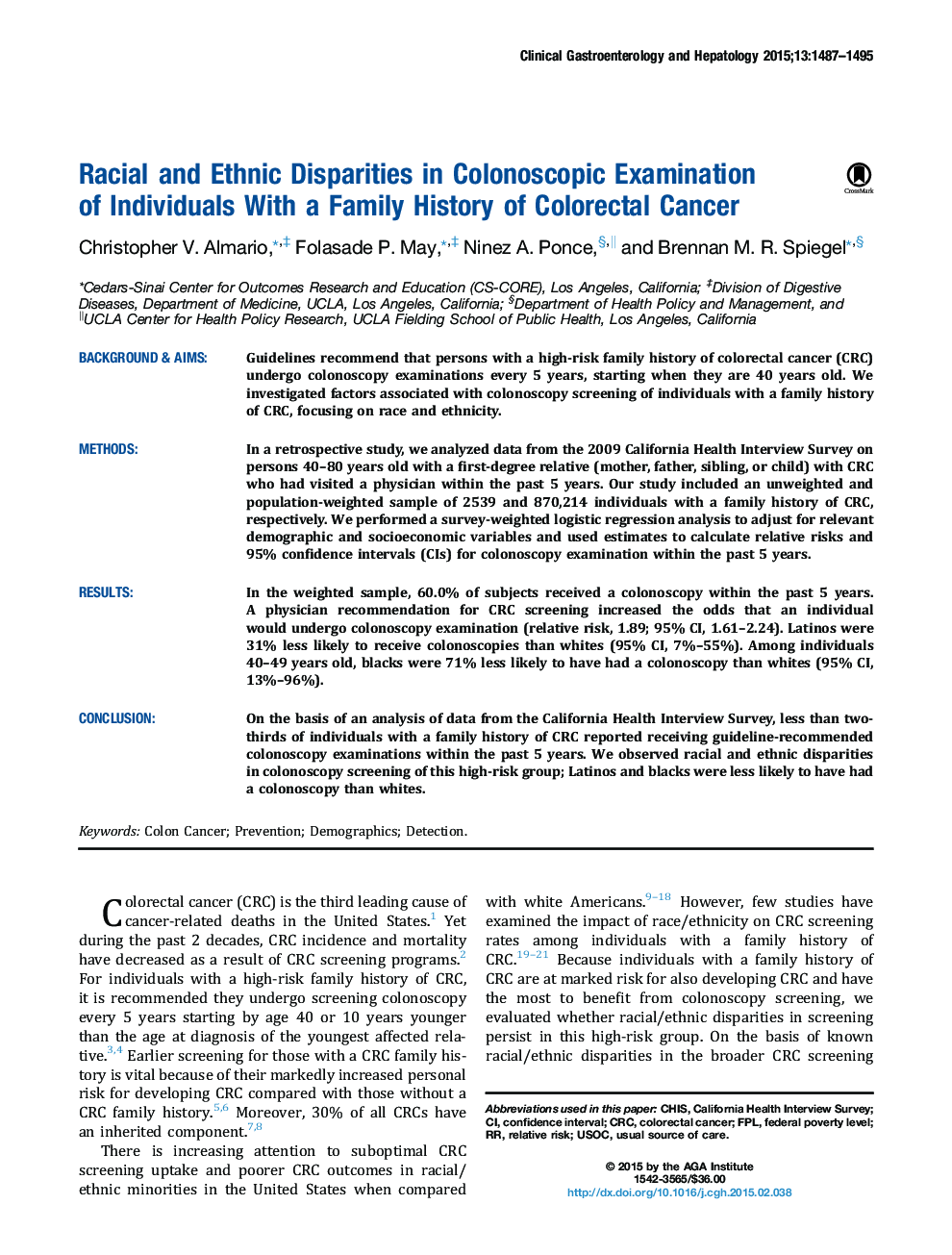 Racial and Ethnic Disparities in Colonoscopic Examination of Individuals With a Family History of Colorectal Cancer