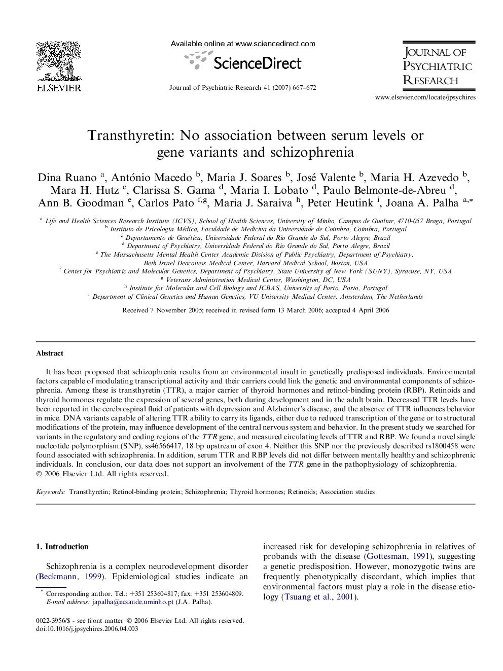 Transthyretin: No association between serum levels or gene variants and schizophrenia