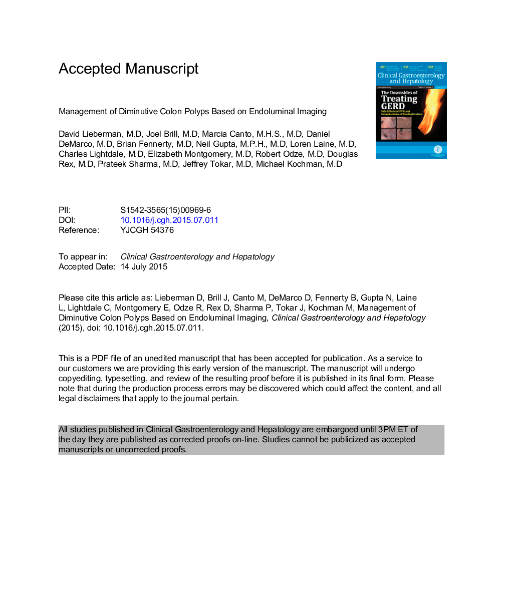 Management of Diminutive Colon Polyps Based on Endoluminal Imaging