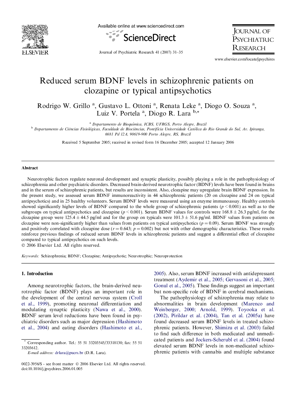 Reduced serum BDNF levels in schizophrenic patients on clozapine or typical antipsychotics