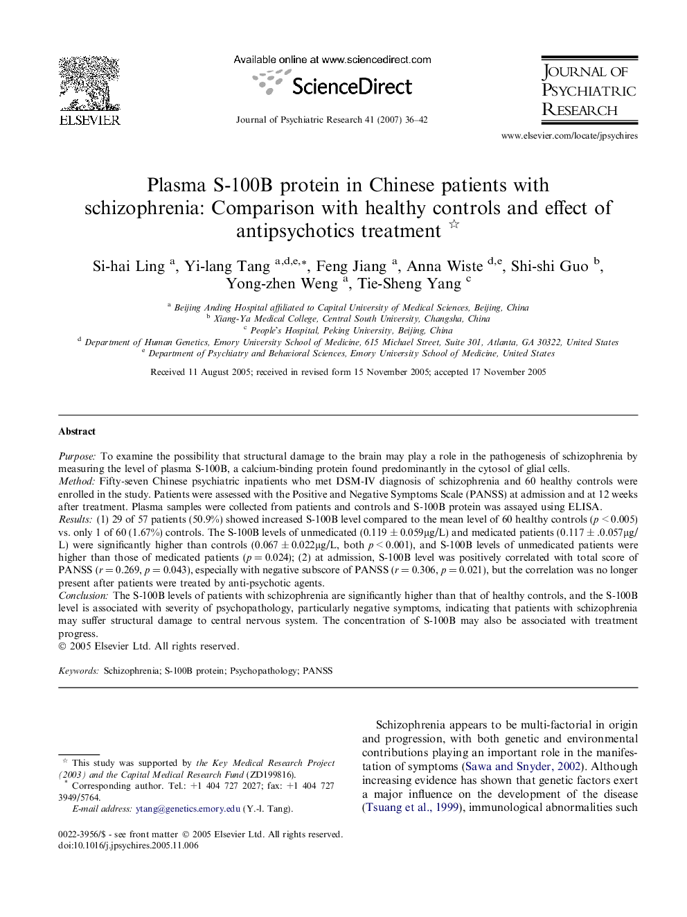 Plasma S-100B protein in Chinese patients with schizophrenia: Comparison with healthy controls and effect of antipsychotics treatment 