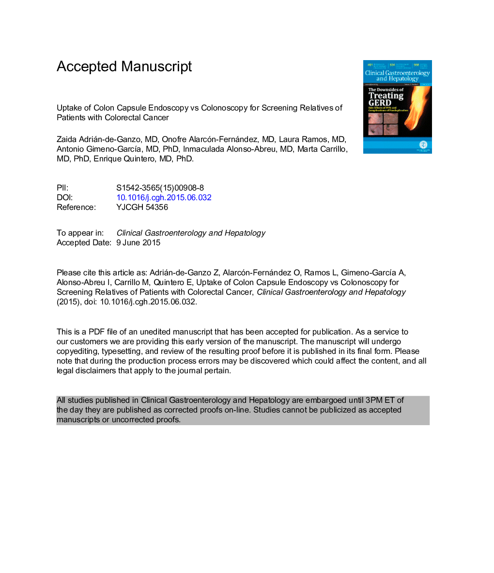 Uptake of Colon Capsule Endoscopy vs Colonoscopy for Screening Relatives of Patients With Colorectal Cancer