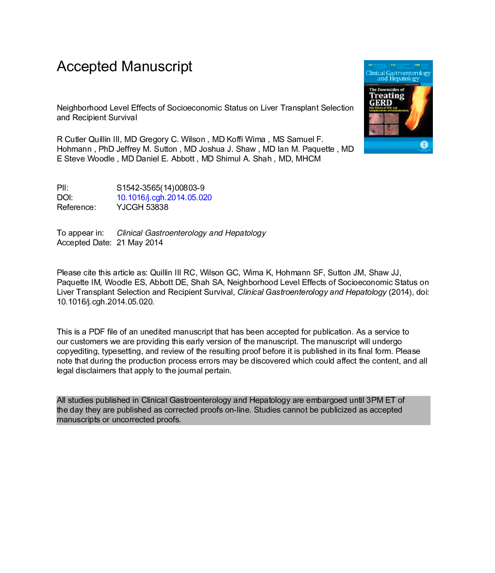 Neighborhood Level Effects of Socioeconomic Status on Liver Transplant Selection and Recipient Survival