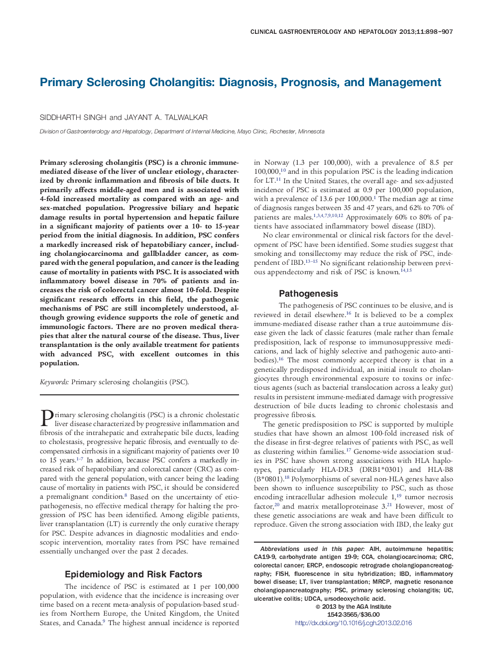 Primary Sclerosing Cholangitis: Diagnosis, Prognosis, and Management